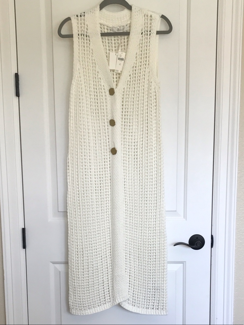Long Sleeveless Open-Knit Button Front Cardigan Vest in White